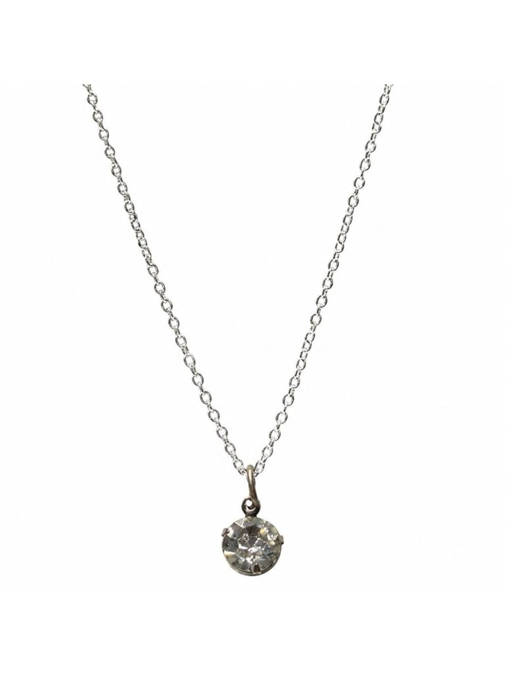 Vintage Solitaire Necklace Clear Crystal Pendant Silver Tone Minimalist Jewelry